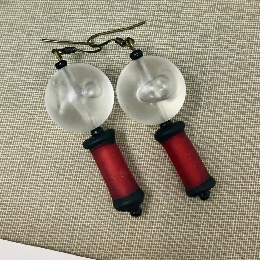 Vintage Clear Round Frosted Acrylic Orb and Red Black Glass Tube Dangle Earrings